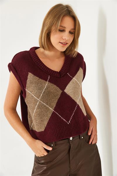 Kadın Premium Baklava Desenli Oversize Triko Süveter TS241003 60261172 - Bordo