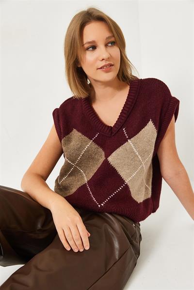 Kadın Premium Baklava Desenli Oversize Triko Süveter TS241003 60261172 - Bordo