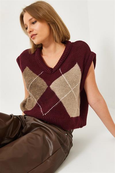 Kadın Premium Baklava Desenli Oversize Triko Süveter TS241003 60261172 - Bordo