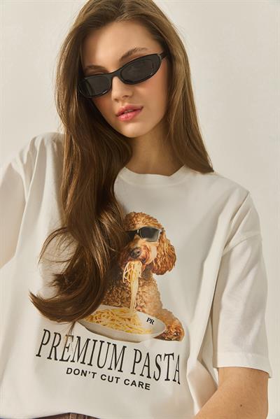 Kadın Premium Baskılı Bisiklet Yaka Oversize Pamuklu T-Shirt ÖT251033 60283295 - Ekru