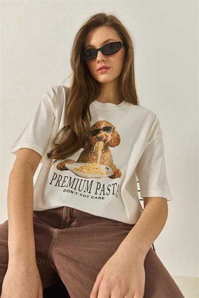 Kadın Premium Baskılı Bisiklet Yaka Oversize Pamuklu T-Shirt ÖT251033 60283295 - Ekru