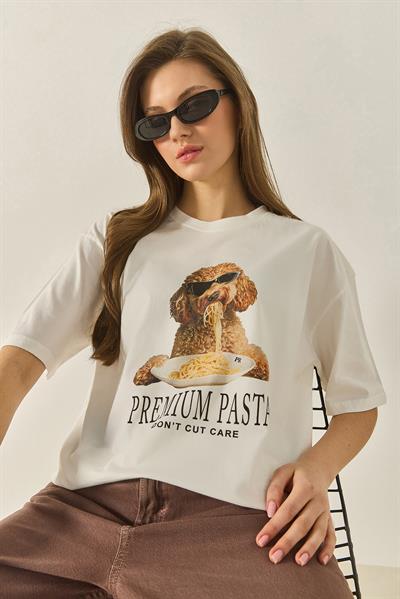 Kadın Premium Baskılı Bisiklet Yaka Oversize Pamuklu T-Shirt ÖT251033 60283295 - Ekru