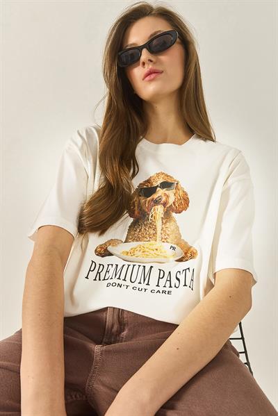 Kadın Premium Baskılı Bisiklet Yaka Oversize Pamuklu T-Shirt ÖT251033 60283295 - Ekru