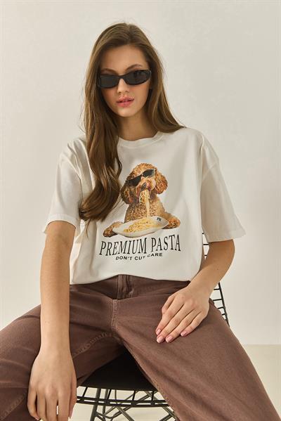 Kadın Premium Baskılı Bisiklet Yaka Oversize Pamuklu T-Shirt ÖT251033 60283295 - Ekru