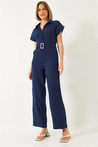 Premium Kuşaklı Müslin Tulum 90020 60271029 - Lacivert