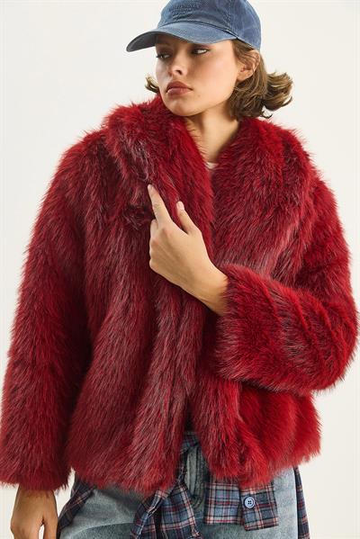 Premium Suni Kürk Ceket 60251922 - Koyu Kırmızı