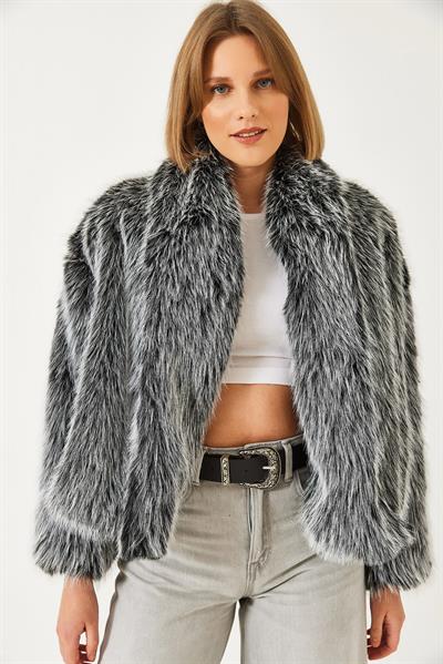 Premium Suni Kürk Ceket 60251922 - Siyah-Beyaz