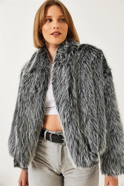 Premium Suni Kürk Ceket 60251922 - Siyah-Beyaz