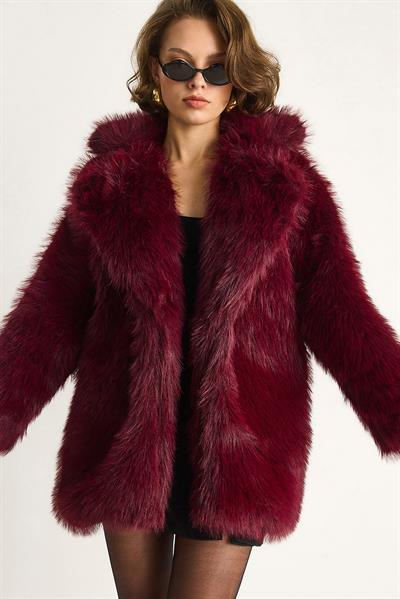 Premium Suni Uzun Kürk Ceket 2461 60251923 - Bordo