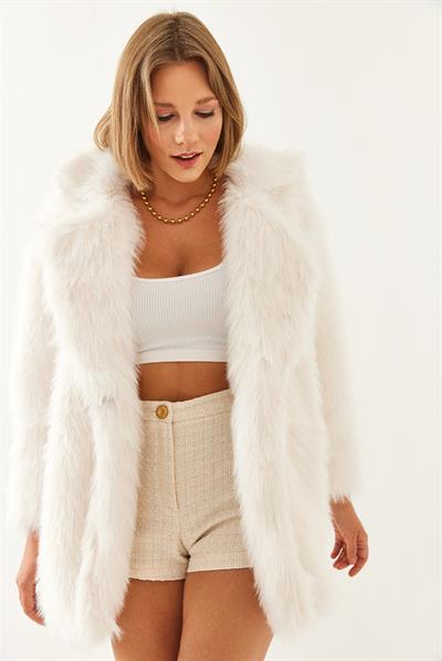 Premium Suni Uzun Kürk Ceket 2461 60251923 - Ekru