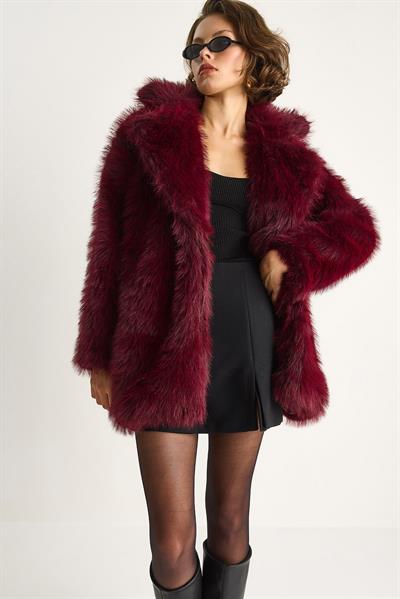 Premium Suni Uzun Kürk Ceket 2461 60251923 - Bordo