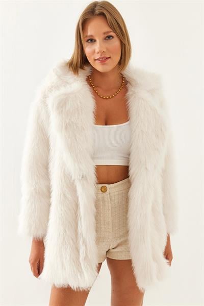 Premium Suni Uzun Kürk Ceket 2461 60251923 - Ekru