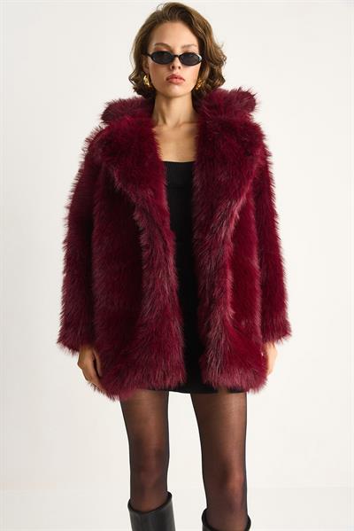 Premium Suni Uzun Kürk Ceket 2461 60251923 - Bordo