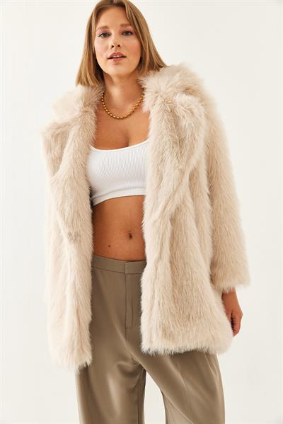 Premium Suni Uzun Kürk Ceket 2461 60251923 - Bej