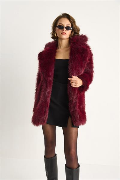 Premium Suni Uzun Kürk Ceket 2461 60251923 - Bordo