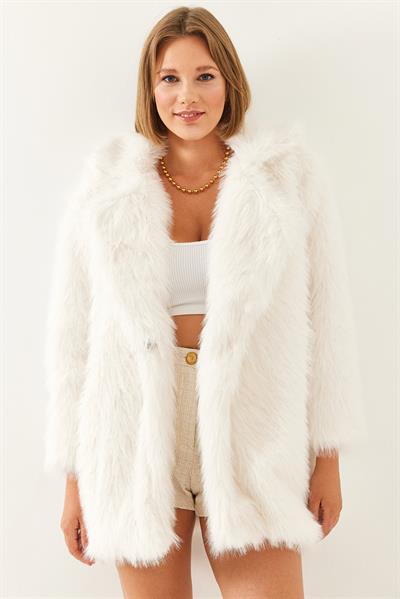 Premium Suni Uzun Kürk Ceket 2461 60251923 - Ekru