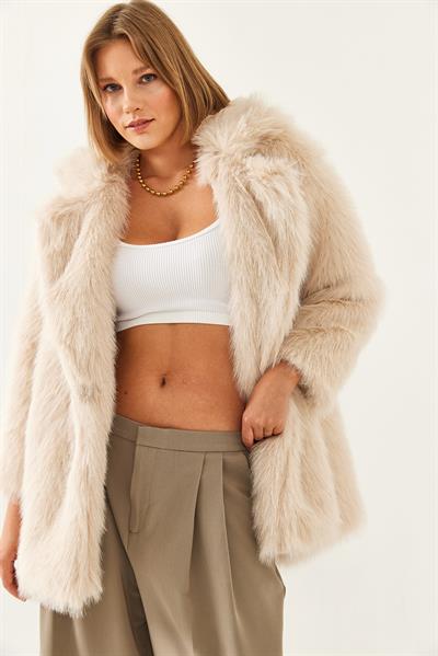 Premium Suni Uzun Kürk Ceket 2461 60251923 - Bej