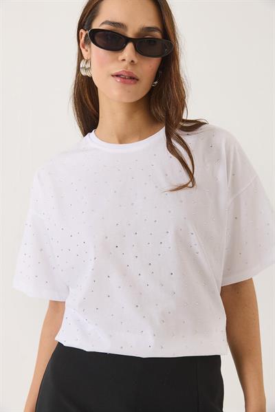 Kadın Pul Detaylı Bisiklet Yaka Kısa Kollu T-Shirt 3028 60283149 - Beyaz