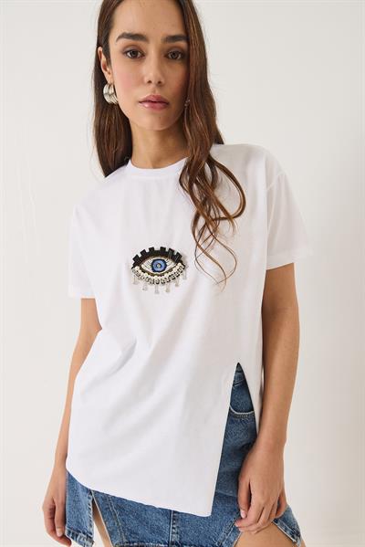 Kadın Pul Payet Aksesuarlı Yırtmaç Detaylı Kısa Kollu T-Shirt 60602029 - Beyaz