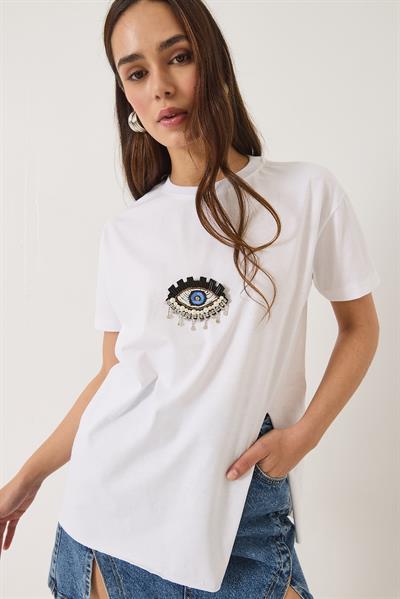 Kadın Pul Payet Aksesuarlı Yırtmaç Detaylı Kısa Kollu T-Shirt 60602029 - Beyaz