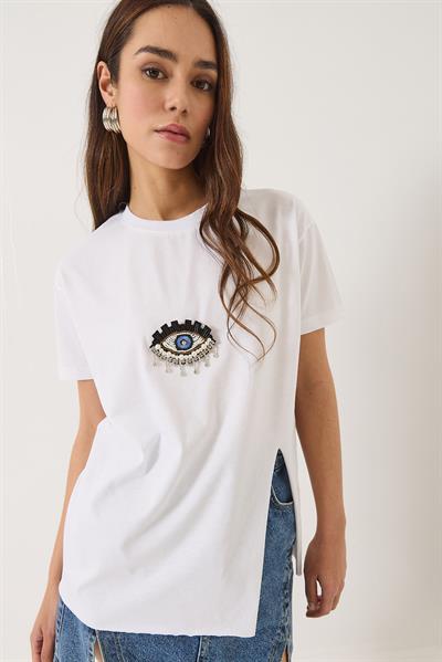 Kadın Pul Payet Aksesuarlı Yırtmaç Detaylı Kısa Kollu T-Shirt 60602029 - Beyaz
