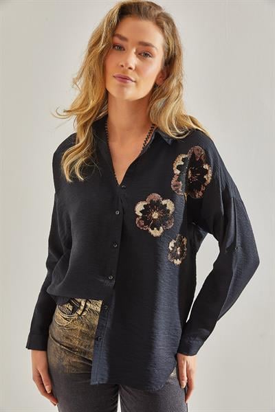 Kadın Pul Payet İşlemeli Keten Ayrobin Gömlek 60181027 - Siyah