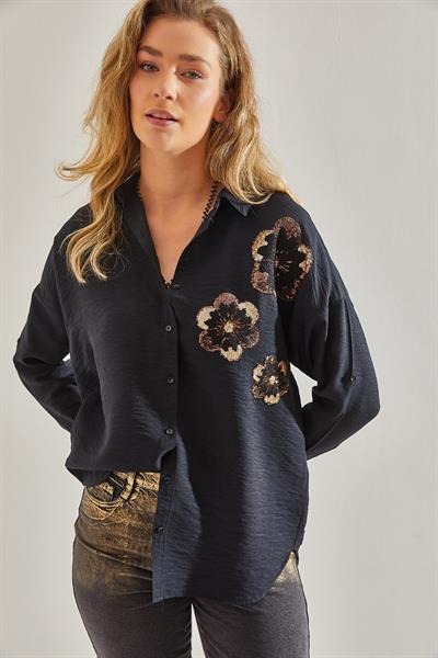 Kadın Pul Payet İşlemeli Keten Ayrobin Gömlek 60181027 - Siyah