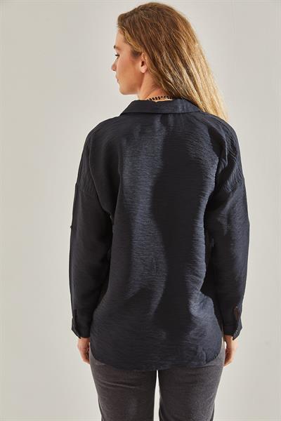 Kadın Pul Payet İşlemeli Keten Ayrobin Gömlek 60181027 - Siyah