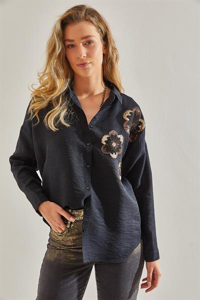 Kadın Pul Payet İşlemeli Keten Ayrobin Gömlek 60181027 - Siyah