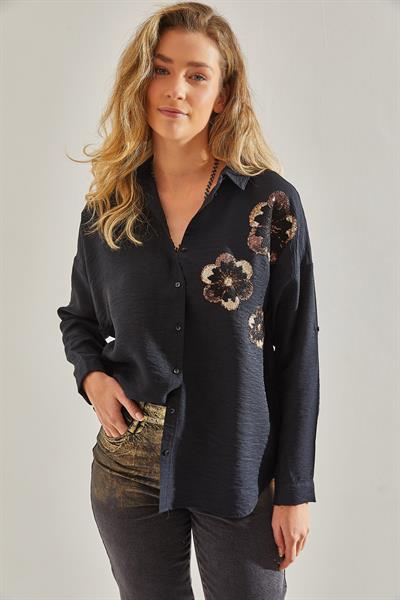 Kadın Pul Payet İşlemeli Keten Ayrobin Gömlek 60181027 - Siyah