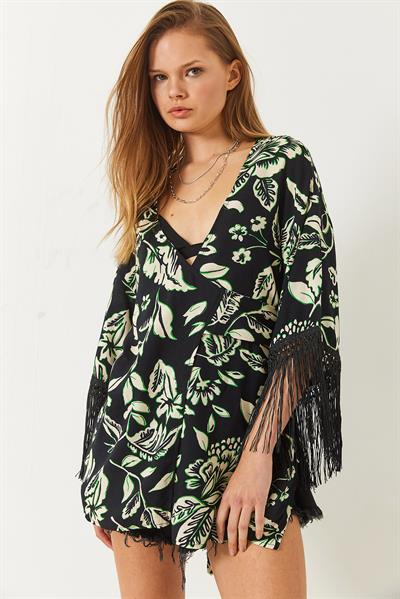Kadın Püskül Detaylı Bağlamalı Desenli Kısa Viskon Kimono 60261497 - Siyah
