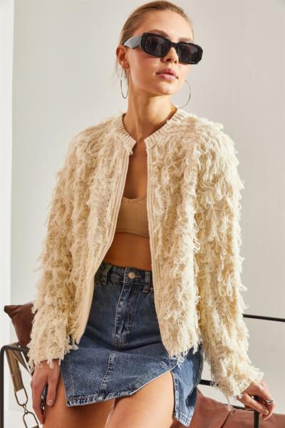 Püsküllü Triko Hırka - Krem