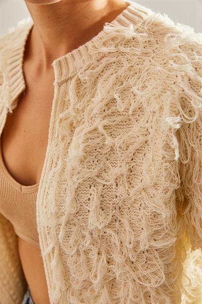 Püsküllü Triko Hırka - Krem