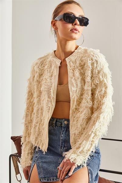 Püsküllü Triko Hırka - Krem