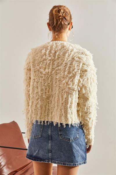 Püsküllü Triko Hırka - Krem