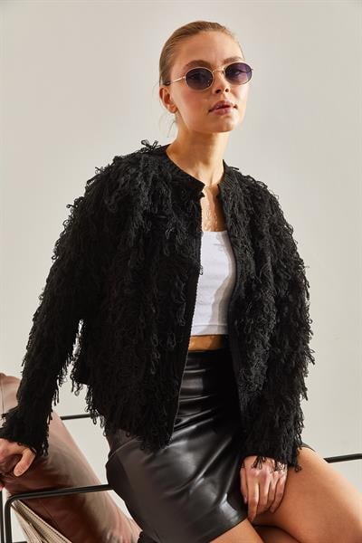 Püsküllü Triko Hırka - Siyah