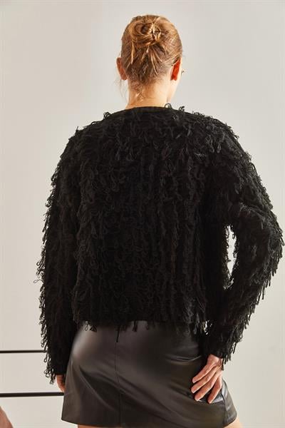 Püsküllü Triko Hırka - Siyah