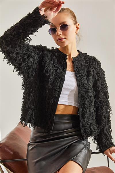 Püsküllü Triko Hırka - Siyah