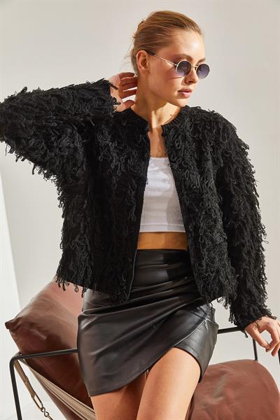 Püsküllü Triko Hırka - Siyah