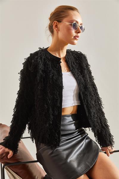 Püsküllü Triko Hırka - Siyah