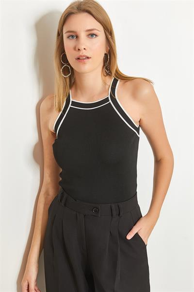 Kadın Renkli Askı Desenli Triko Bluz 40831022 - Siyah