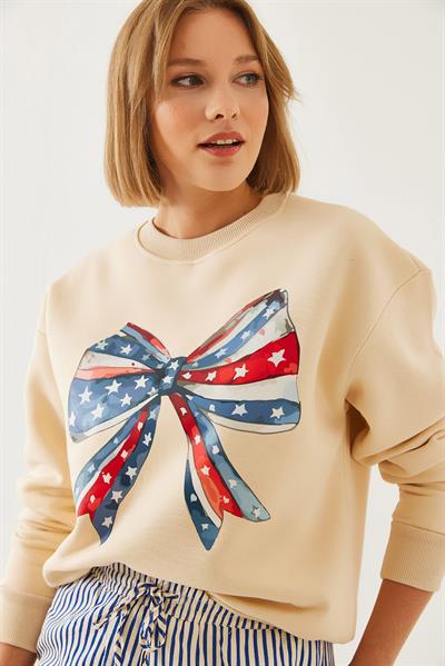 Kadın Renkli Kelebek Baskılı Sweatshirt MBHS019 60601019 - Bej