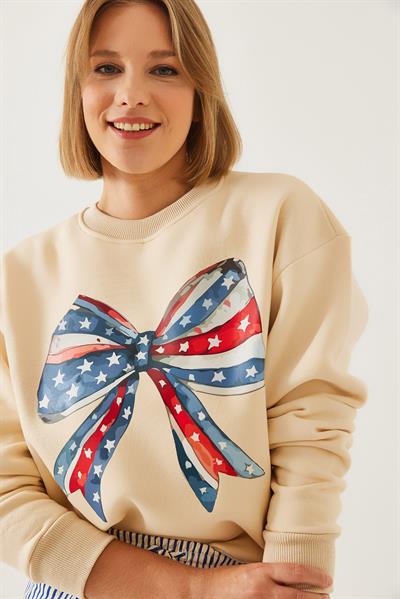Kadın Renkli Kelebek Baskılı Sweatshirt MBHS019 60601019 - Bej