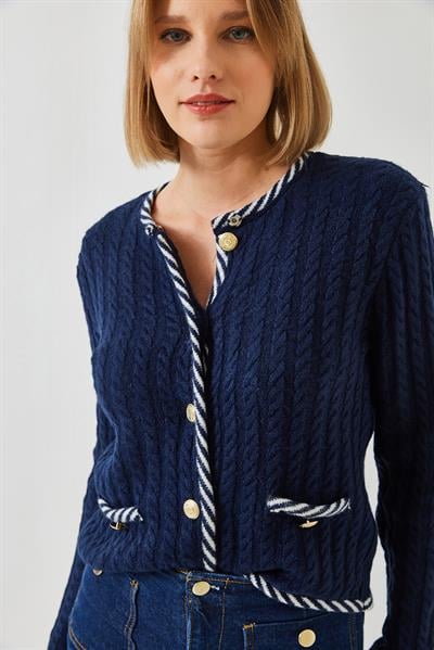 Saç Örgülü Cepli Triko Hırka 241083 60251984 - Lacivert