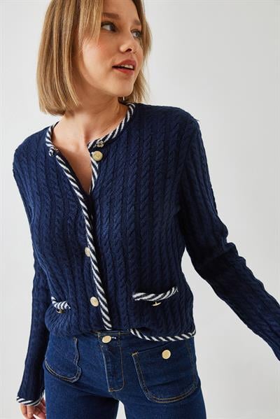 Saç Örgülü Cepli Triko Hırka 241083 60251984 - Lacivert