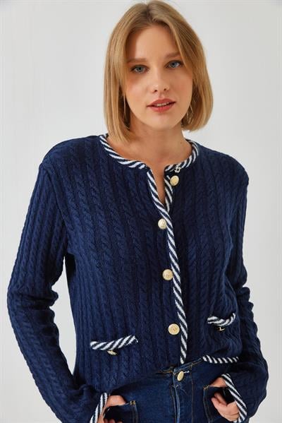 Saç Örgülü Cepli Triko Hırka 241083 60251984 - Lacivert