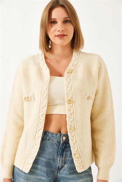 Saç Örgülü Düğmeli Triko Hırka - Krem