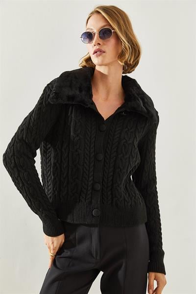 Saç Örgülü Yakası Kürklü Triko Hırka - Siyah