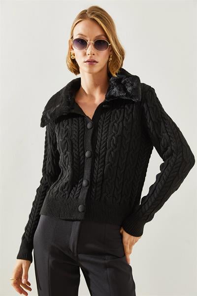 Saç Örgülü Yakası Kürklü Triko Hırka - Siyah