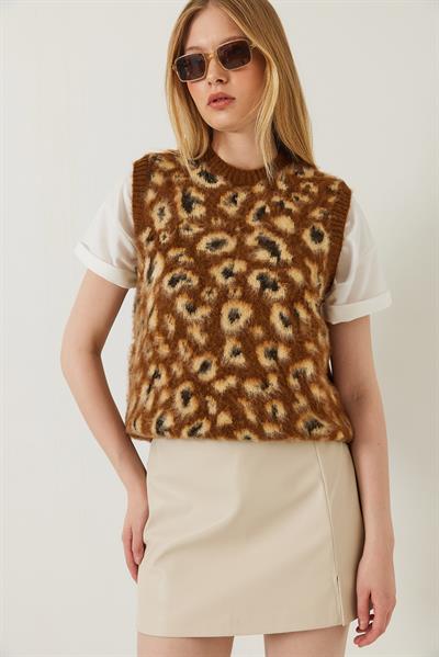 Kadın Şardonlu Leopar Desenli Süveter 20246281 - Kahverengi-Camel